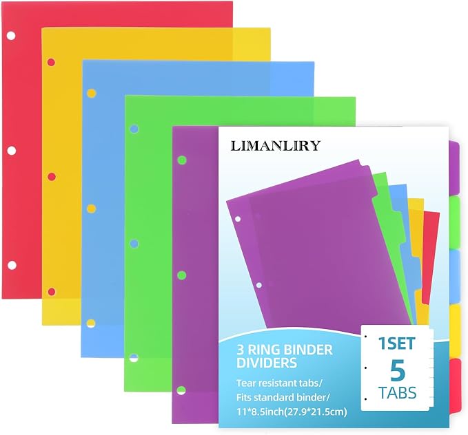 Colorful Binder Dividers with Tabs, Plastic Index with 5-Tabs, by LIMANLIRY