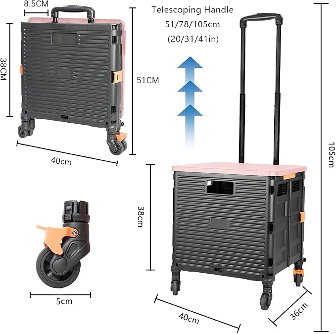 FELICON SELORSS Foldable Utility Cart Folding Portable Rolling Crate-Pink | - Image 7