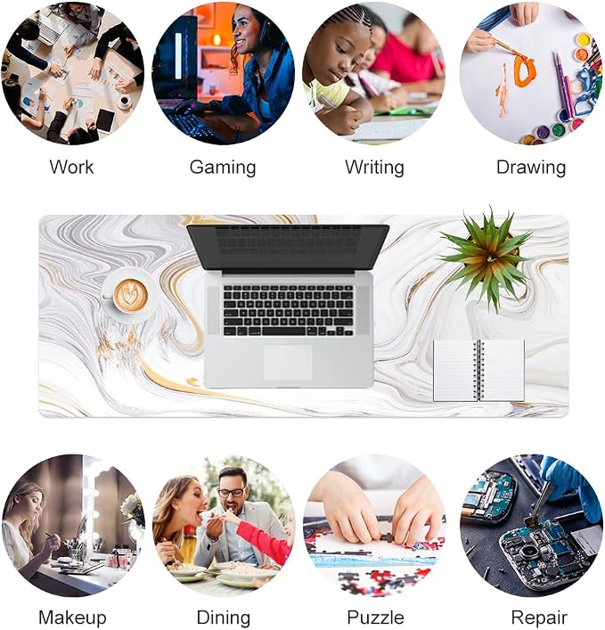 QiyI White Mouse Pad, Cute Marble Large Desk Mat, PU Leather Desk Protector - Image 7