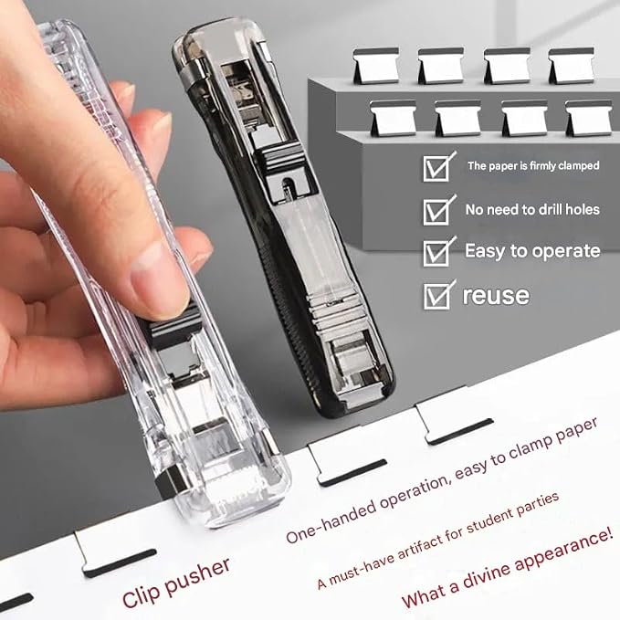 4 Pcs Portable Binder Clip Stapler, Includes 200 Reusable Push Clips, Handheld - Image 2