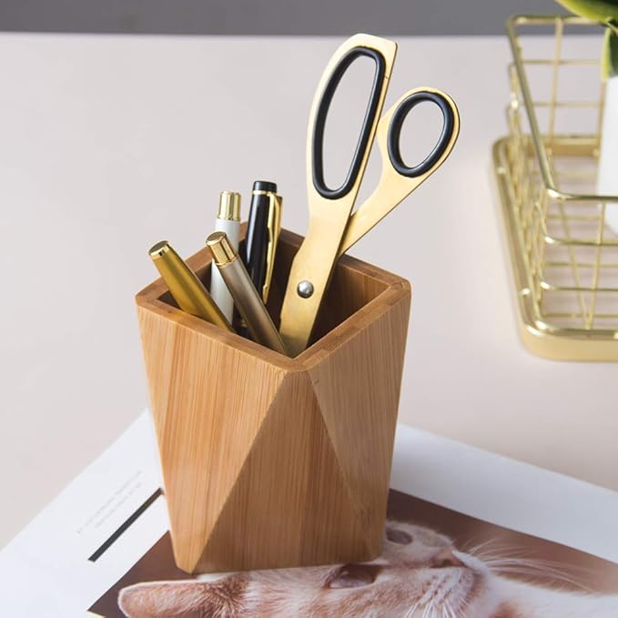 Bamboo Wood Pen Holder Stand for Desk Geometric Pencil Cup Pot Cute Desktop - Image 5