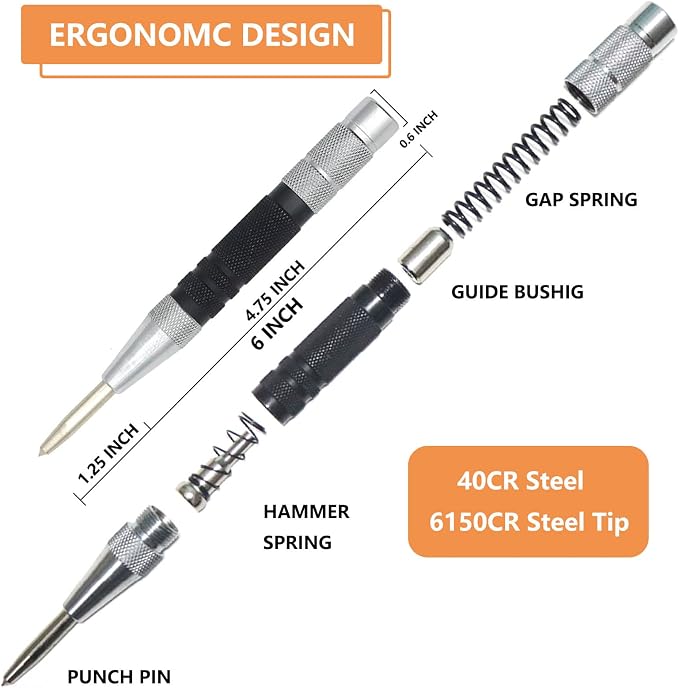 WHLLING 2-Piece Automatic Center Punch, 6 Inch Hardened Steel Spring Loaded - Image 3