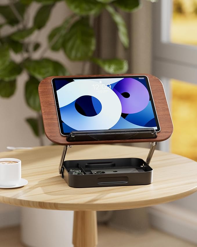 Adjustable Book Stand with Storage Drawer, 360° Rotating Book Holder, Height & - Image 7