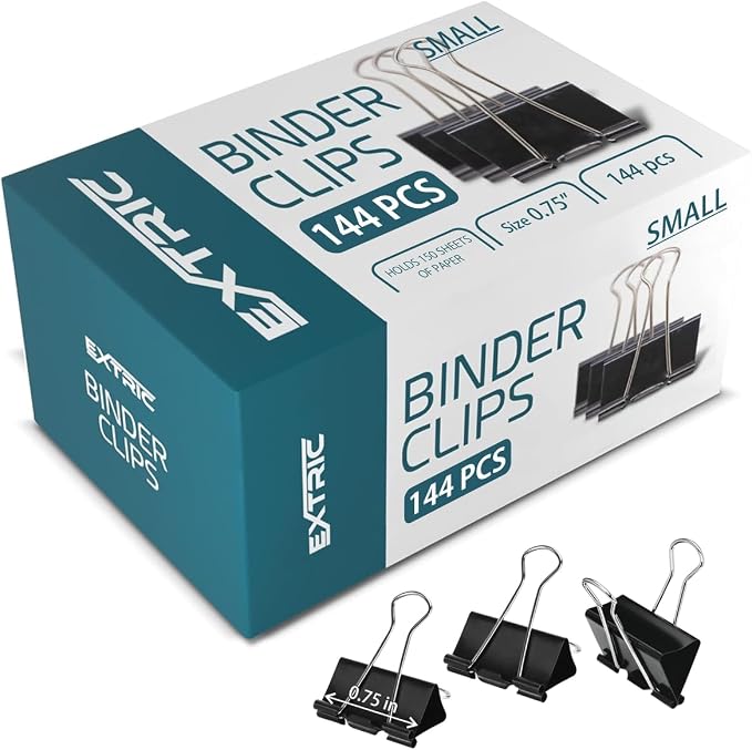 Binder Clips - 144 Small Binder Clips, 0.75 Inch Black Paper Clamps, File Clip by EXTRIC