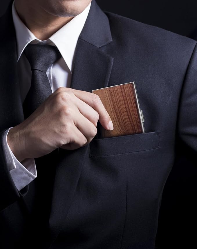 MaxGear Stainless Steel Business Card Holder, Slim Card Case, Walnut Wood | - Image 5