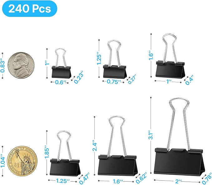 OWLKELA 240 Pcs Black Binder Clips, Paper Clamps, Paper Binder Clip, Metal - Image 2