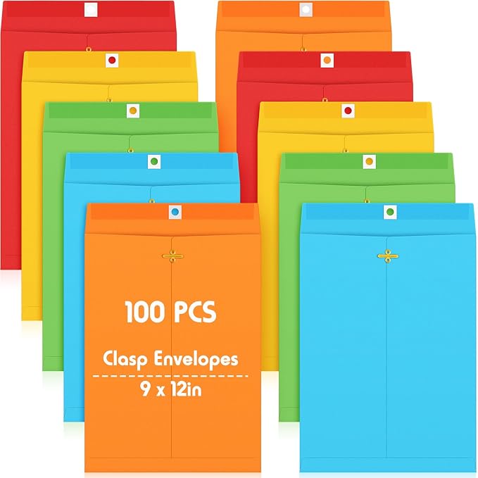 Geyee 100 Pcs Clasp Manilla Envelopes 9 x 12 Inch Gummed Colored Envelopes by Geyee