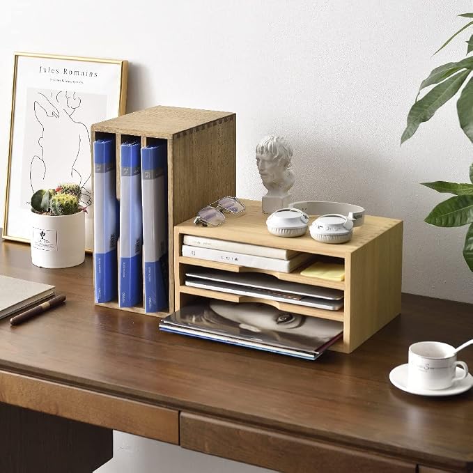 KIRIGEN Wooden Desktop Organizer, 3 Tier Solid Wood Letter Tray and Paper File - Image 2