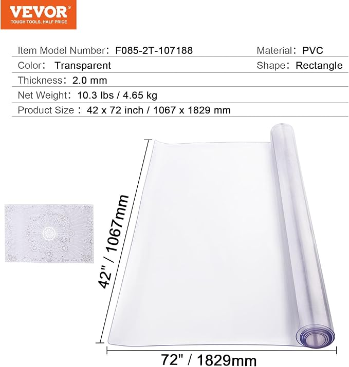 VEVOR Plastic Table Cover, 42 x 72 Inch 2.0 mm Thick Clear Rectangle PVC Desk - Image 7