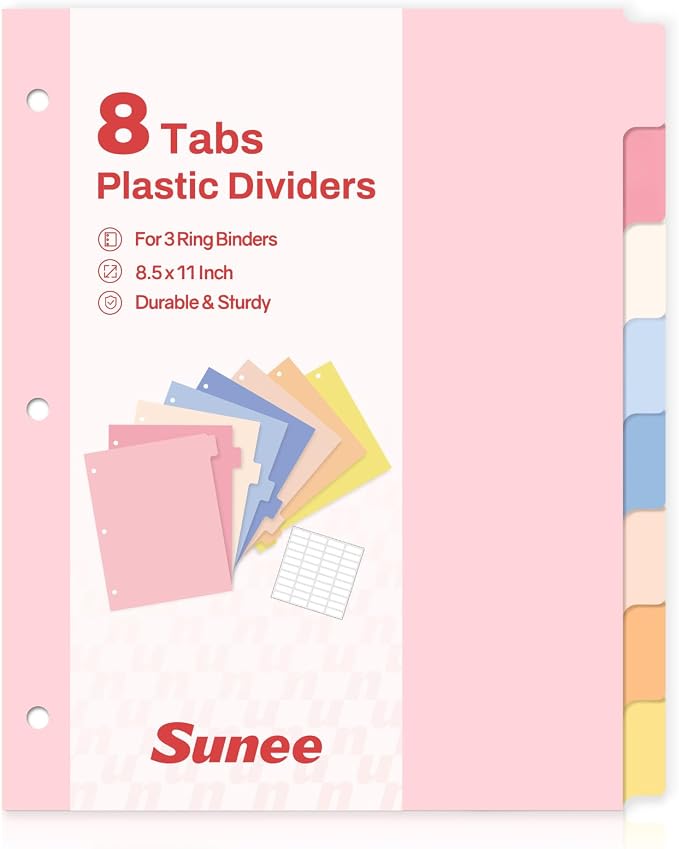 SUNEE 8 Tab Binder Dividers, Plastic Dividers by SUNEE