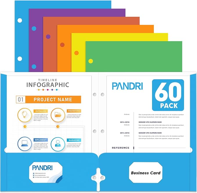 Two Pocket Portfolio Folders, PANDRI 60 Pack 3 Hole Punched 2 Pocket Folders by PANDRI