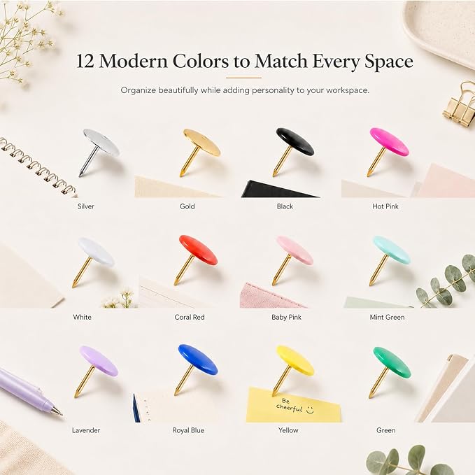 12 Colors Thumb Tacks 264PCS Plastic Round Head Thumbtack Metal Flat Push Pins - Image 5