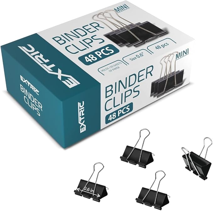 Binder Clips - 48 Mini Black Paper Clamps, 0.6 Inch, Holds 30 Pages, File Clip by EXTRIC