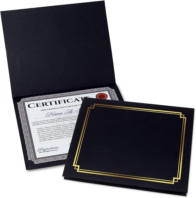 Classic Black & Gold Certificate Folders- Packs 25, Linen Cover 80 lb. Stock by Fine+Stationery