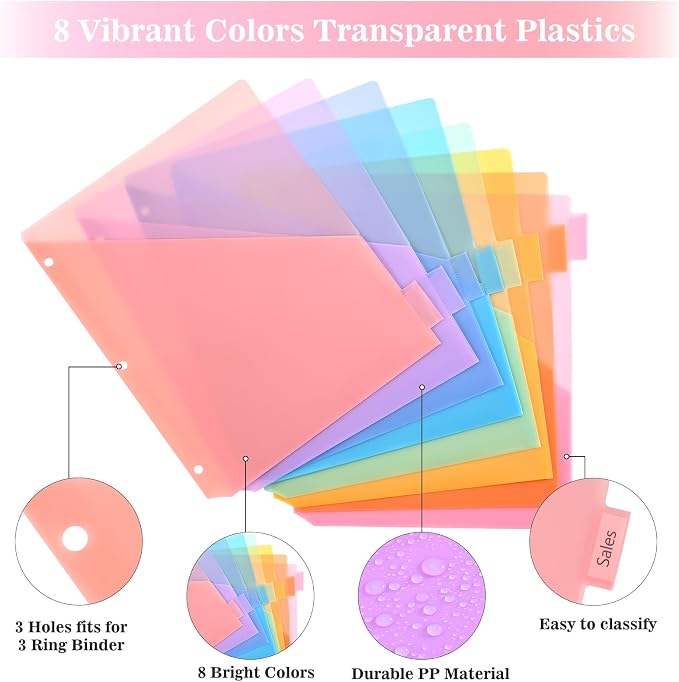 8-Tab Dividers for 3 Ring Binder, Subject Dividers, 3-Hole Plastics Sheets - Image 3