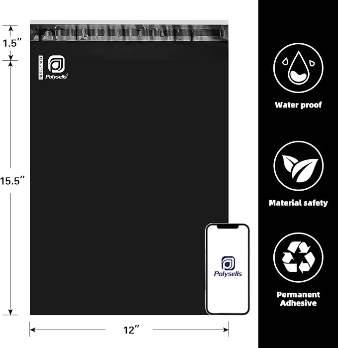 POLYSELLS 100 pcs 12x15.5 Inches Black Poly Mailers Shipping Envelopes - Image 2