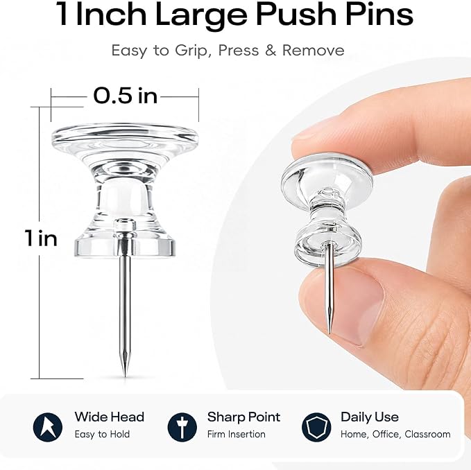 Optomni Giant Push Pins 60 PCS, 1 Inch Large Clear Push Pins - Image 2