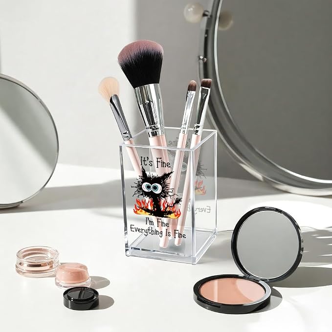 It's Fine I'm Fine Acrylic Cosmetic Pencil Pen Holder Cup, Funny Black Cat Pen - Image 3