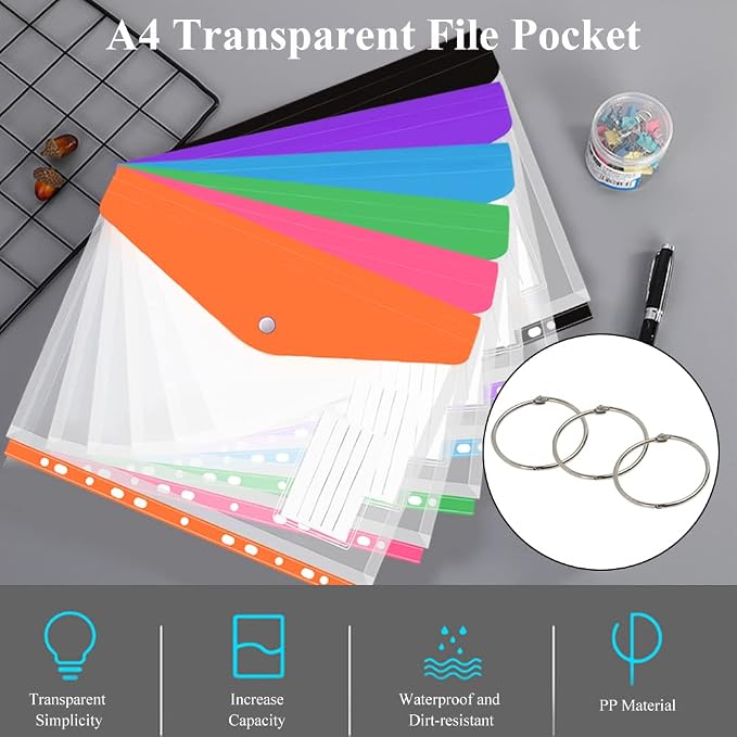 12 Pack Plastic Envelopes Binder Pocket 11 Holes Expandable Binder Folders - Image 6