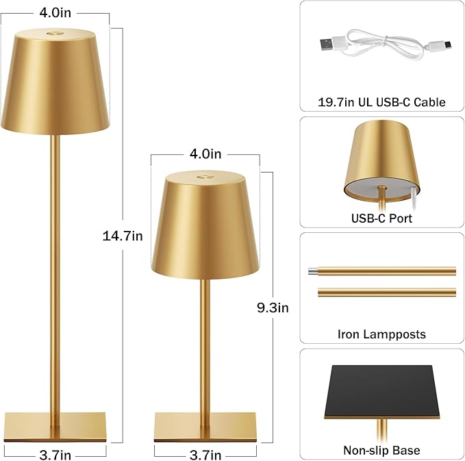 Gold Cordless Rechargeable Table Lamp, 2 Pack Portable Desk Lamp - Image 3
