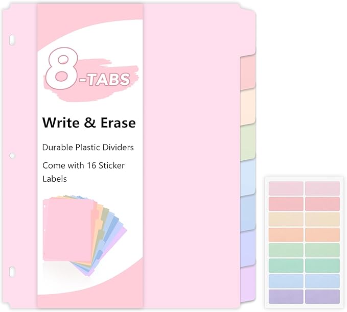 SKYDUE 8 Tab Binder Dividers for Letter Size, Durable Plastic Dividers for 3 by SKYDUE