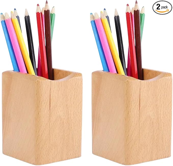 Wooden Pen Holder for Desk, 2 Pack Natural Wood Pencil Cup Holder – Office Desk by UKASALTD