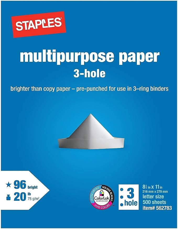 Staples Multipurpose Paper, 8 1/2 x 11, 3-Hole Punched, by Staples