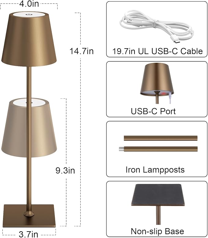 Kakanuo Brown Cordless Rechargeable Table Lamp 5000mAh Battery Operated Lamps - Image 5