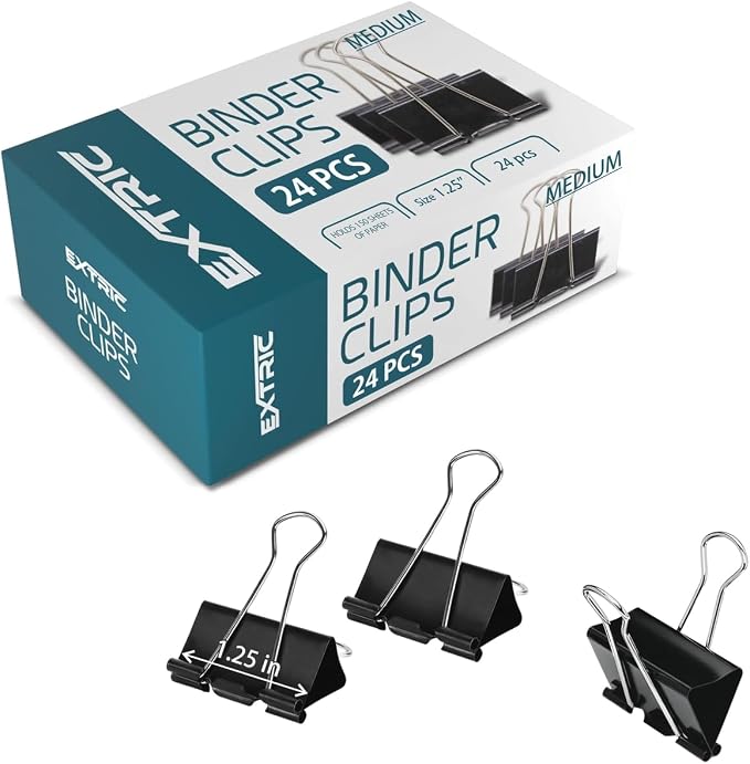 Binder Clips - 24 Medium Binder Clips, 1.25 Inch Black Paper Clamps, File Clip by EXTRIC