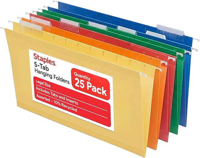 Staples Heavy‑Duty Reinforced Hanging File Folders, Legal Size, 1/5‑Cut Tabs by Staples