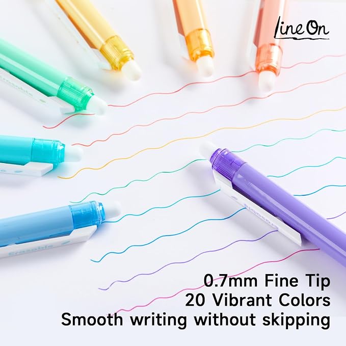 Lineon Erasable Gel Pens, 20 Colors Retractable 0.7mm Fine Point Erasable Pens - Image 5