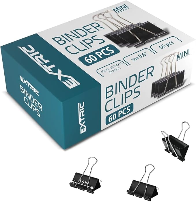 Binder Clips - 60 Pack Mini Black Paper Clamps, 0.6 Inch, Holds 30 Pages by EXTRIC