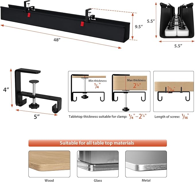 Univivi No Drill Under Desk Cable Management Tray, Clamp/Screw Mount Desk Cable - Image 4
