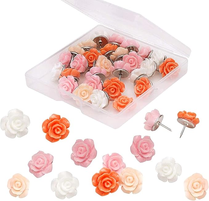 30 Pieces Rose Flower Pushpins Flower Thumb Tacks Decorative Floret Push Pins by Phinus