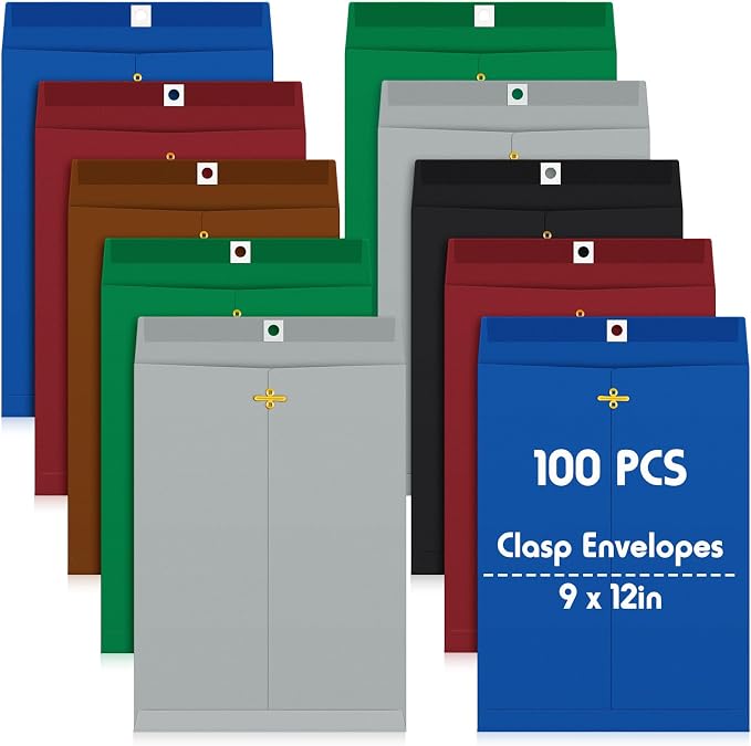 Geyee 100 Pcs Clasp Manilla Envelopes 9 x 12 Inch Gummed Colored Envelopes by Geyee