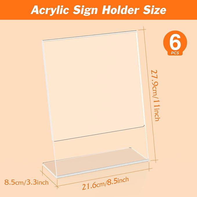 6 Pack Acrylic Sign Holder 8.5x11 Inches, L-Shape Vertical Menu Holder Stand - Image 2