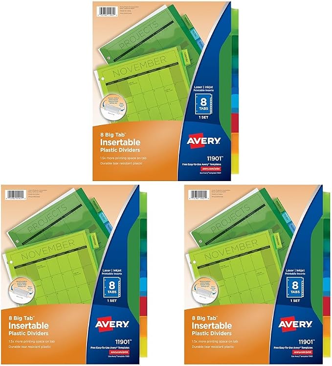 Avery Dividers for 3 Ring Binders, 8-Tab Plastic Binder Dividers Insertable Big by Avery