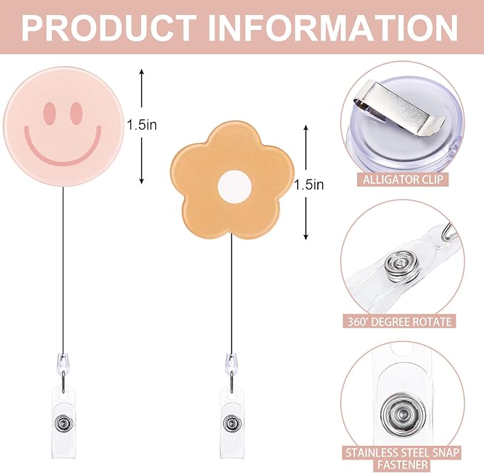 Whaline 8Pcs Light Boho Flower and Smile Acrylic Retractable Badge Holder - Image 2