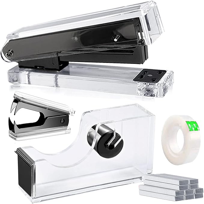 Acrylic Black Tape Dispenser and Desktop Stapler, Includes Staple Remover by VOSTOR