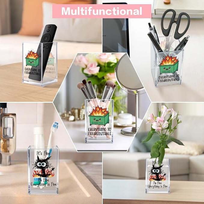 Funny Black Cat 2 Pack Acrylic Cosmetic Pencil Pen Holder Cup, Emotional - Image 6