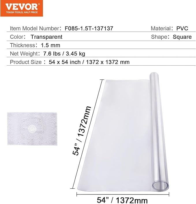 VEVOR Plastic Table Cover, 54 x 54 Inch 1.5 mm Thick Clear Square PVC Desk Mat - Image 7