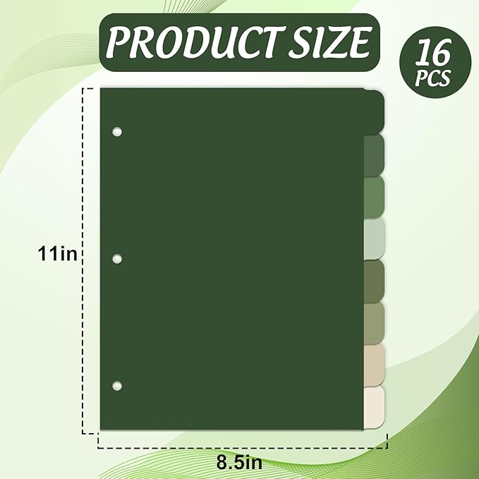 Whaline 16 Pcs/ 2 Set Sage Green 3 Ring Binder Dividers Colorful Index Dividers - Image 2