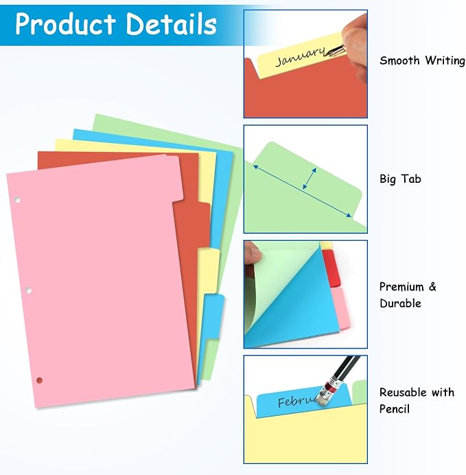 Binder Dividers for 3 Ring Binder, 1/5 Cut Tabs, Letter Size, Blank Write On - Image 3