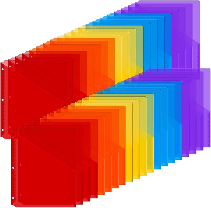 Maitys 50 Pack Binder Pockets 3 Hole Punch Clear Plastic Document Folders by Maitys