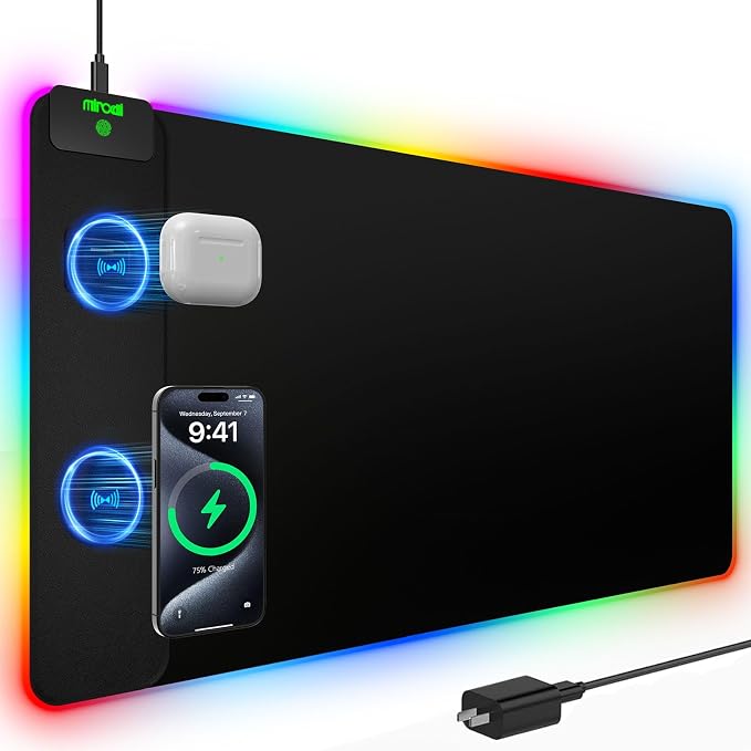 Mouse Pad with 15W Magnetic Wireless Charging, RGB Mousepad by miroddi