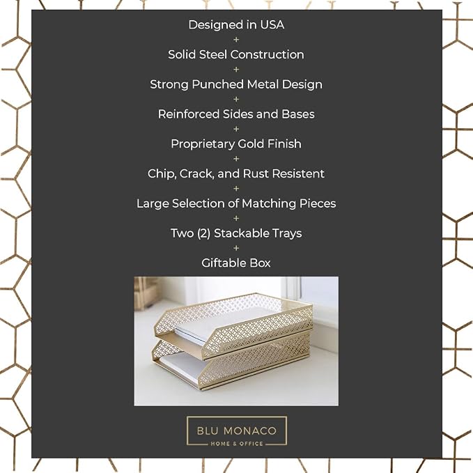 BLU MONACO | Paper Tray Stackable Gold Set of 2 | Stackable File Trays - Image 3