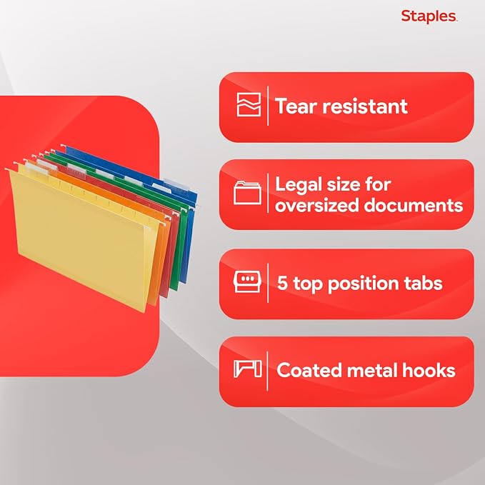 Staples Heavy‑Duty Reinforced Hanging File Folders, Legal Size, 1/5‑Cut Tabs - Image 4