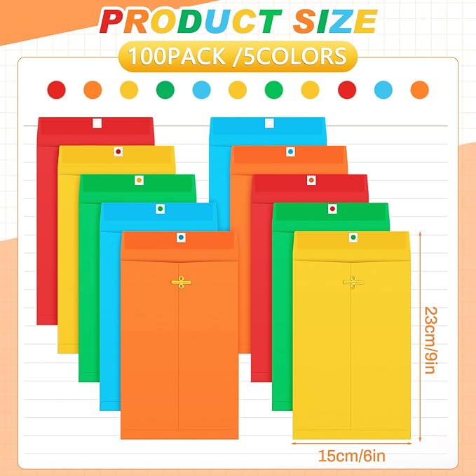 Geyee 100 Pcs Clasp Manilla Envelopes 6 x 9 Inch Gummed Colored Envelopes - Image 2