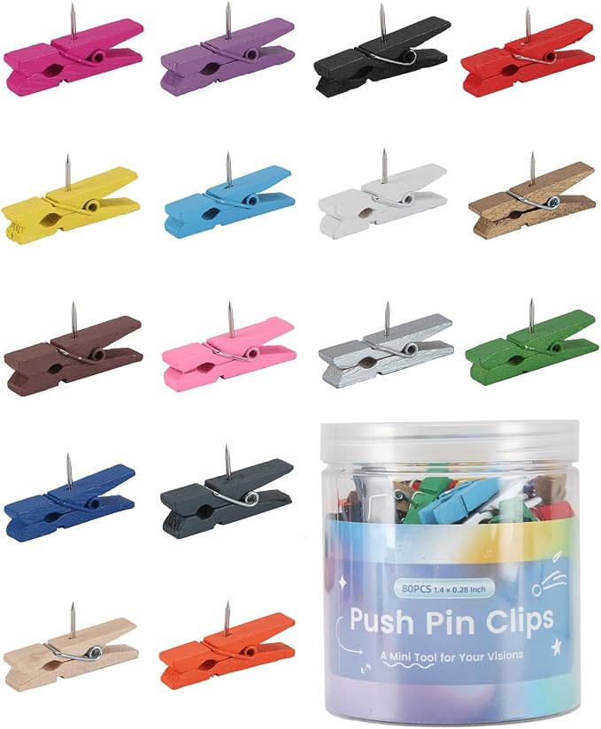 80Pcs Colorful Wooden Push Pin Clips, Decorative Thumbtack by DUIJINYU