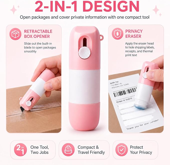 2-in-1 Box Cutter Thermal Paper Eraser, 2026 New Thermal Paper Privacy Wipe Box - Image 2